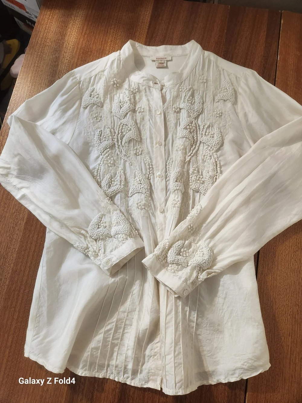 Sundance Ivory Beaded Pintuck Button-Down Blouse Sz12 - Picture 14 of 15